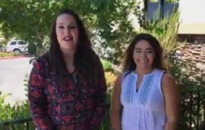 Event Center Manager Megan Swinney appears in a video on the Foothills Event Center's patio space with new team member Ariel 